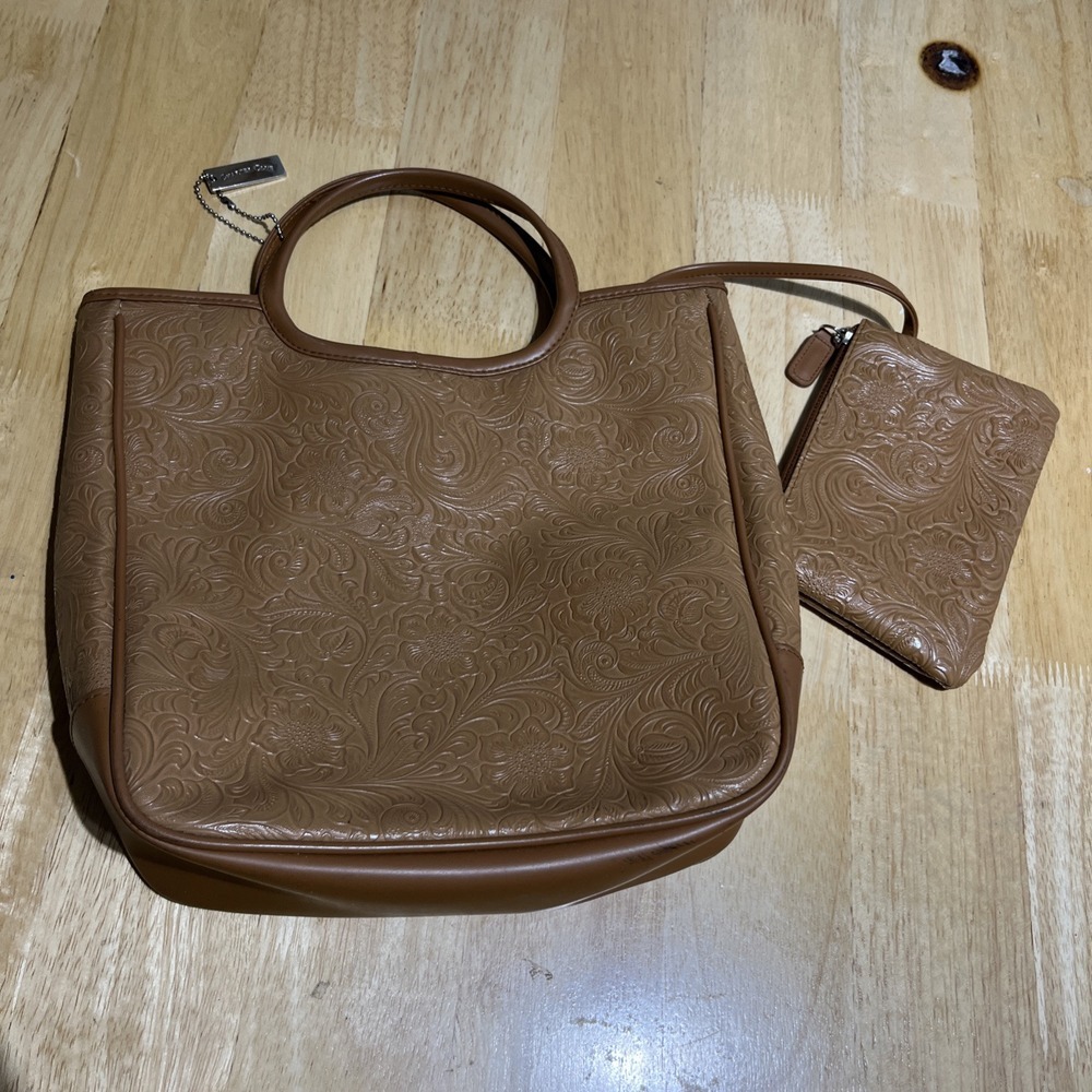 Charter Club‎ Women's Tooled Brown Color Tote Bag With Charm- Lined w/ Pockets